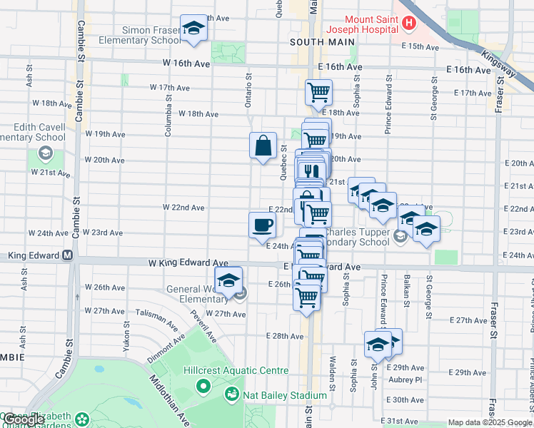 map of restaurants, bars, coffee shops, grocery stores, and more near 48 East 22nd Avenue in Vancouver