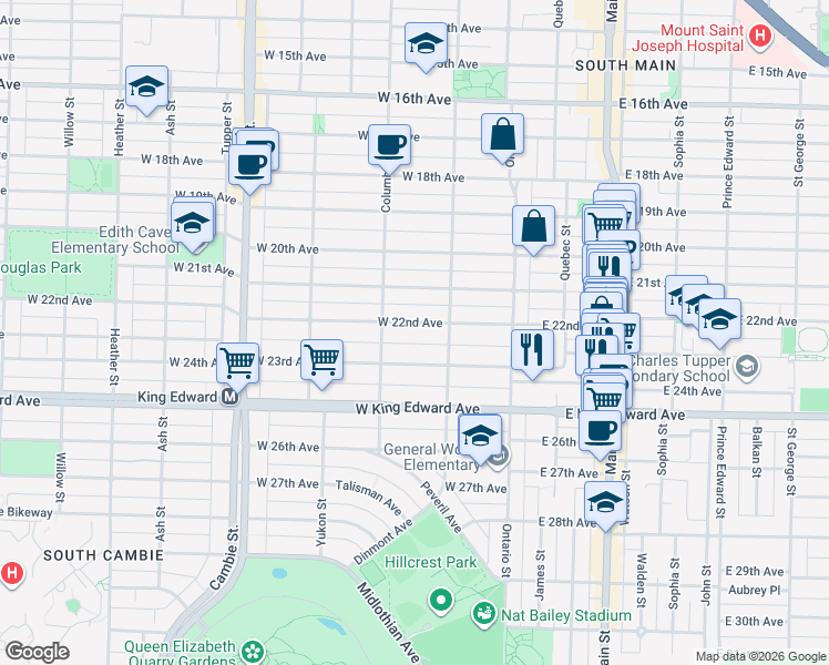 map of restaurants, bars, coffee shops, grocery stores, and more near 150 West 22nd Avenue in Vancouver