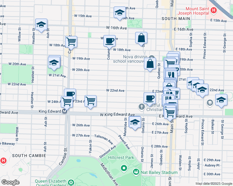 map of restaurants, bars, coffee shops, grocery stores, and more near 150 West 22nd Avenue in Vancouver