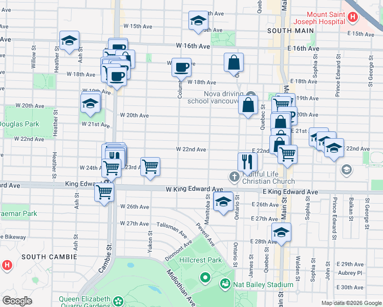 map of restaurants, bars, coffee shops, grocery stores, and more near 158 West 22nd Avenue in Vancouver