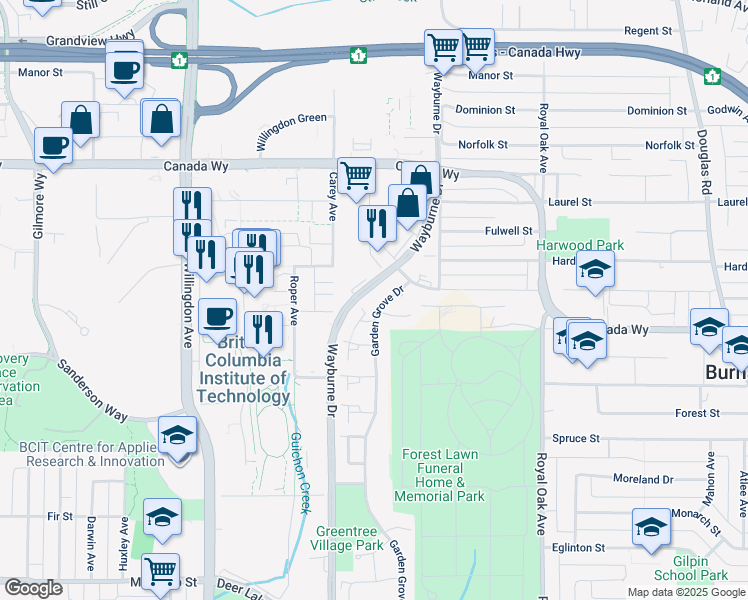 map of restaurants, bars, coffee shops, grocery stores, and more near 3799 Garden Grove Drive in Burnaby