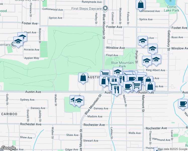 map of restaurants, bars, coffee shops, grocery stores, and more near Dennison Avenue in Coquitlam