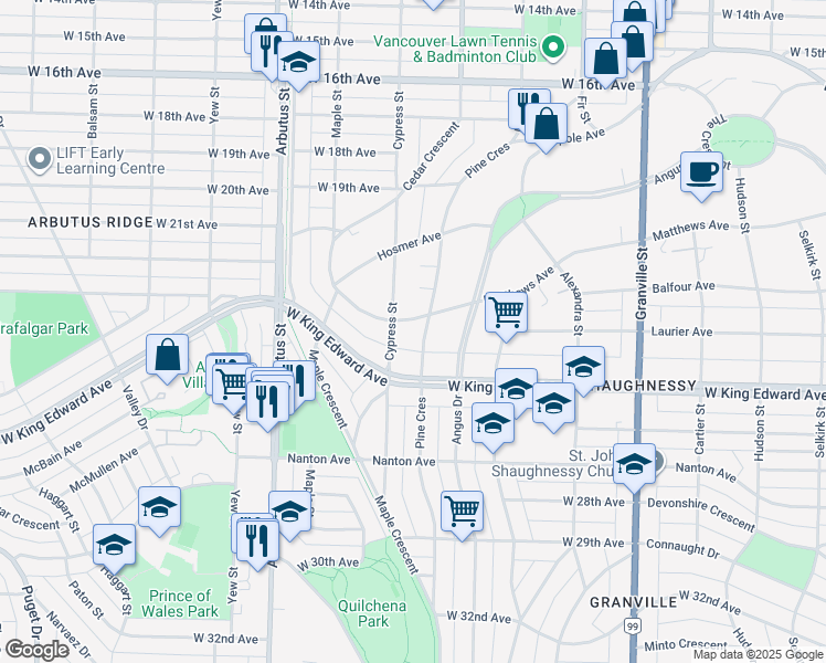 map of restaurants, bars, coffee shops, grocery stores, and more near 1864 Matthews Avenue in Vancouver
