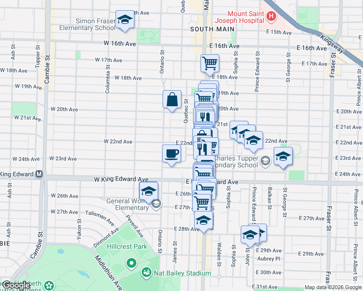 map of restaurants, bars, coffee shops, grocery stores, and more near 80 East 22nd Avenue in Vancouver