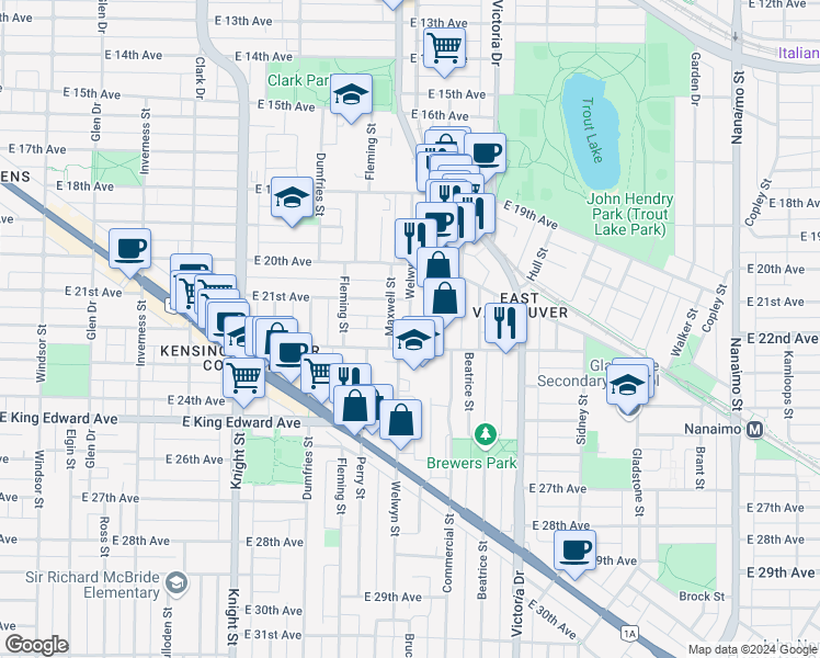 map of restaurants, bars, coffee shops, grocery stores, and more near 3880 Welwyn Street in Vancouver