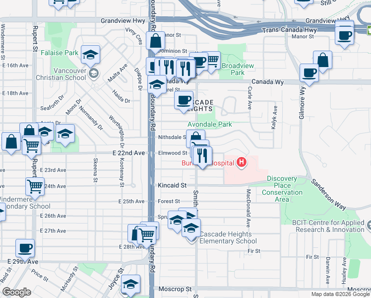 map of restaurants, bars, coffee shops, grocery stores, and more near 3775 Elmwood Street in Burnaby