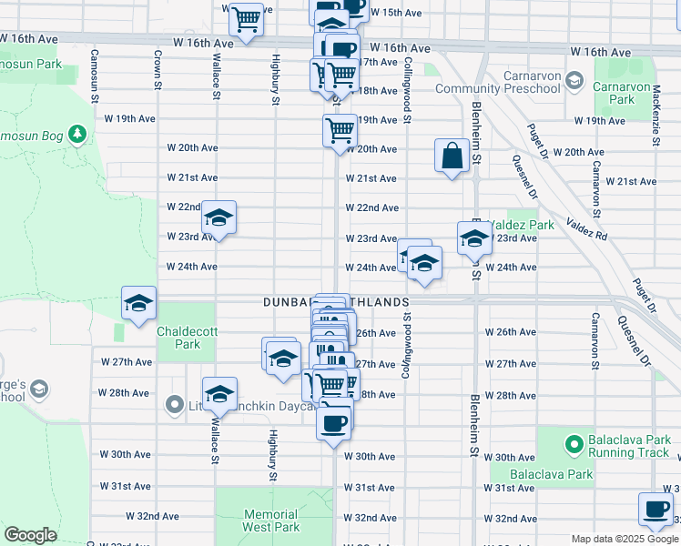 map of restaurants, bars, coffee shops, grocery stores, and more near 4026 Dunbar Street in Vancouver