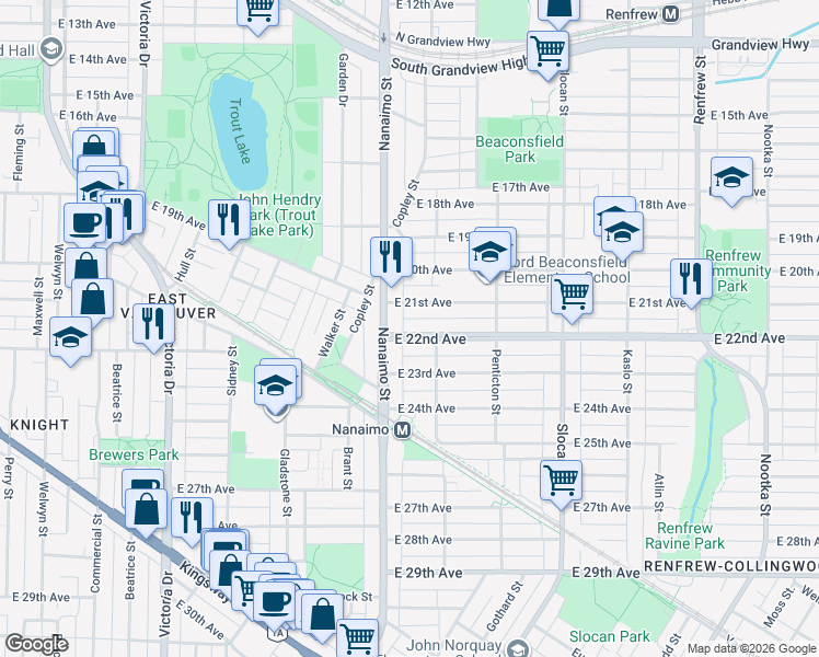 map of restaurants, bars, coffee shops, grocery stores, and more near 2437 East 22nd Avenue in Vancouver