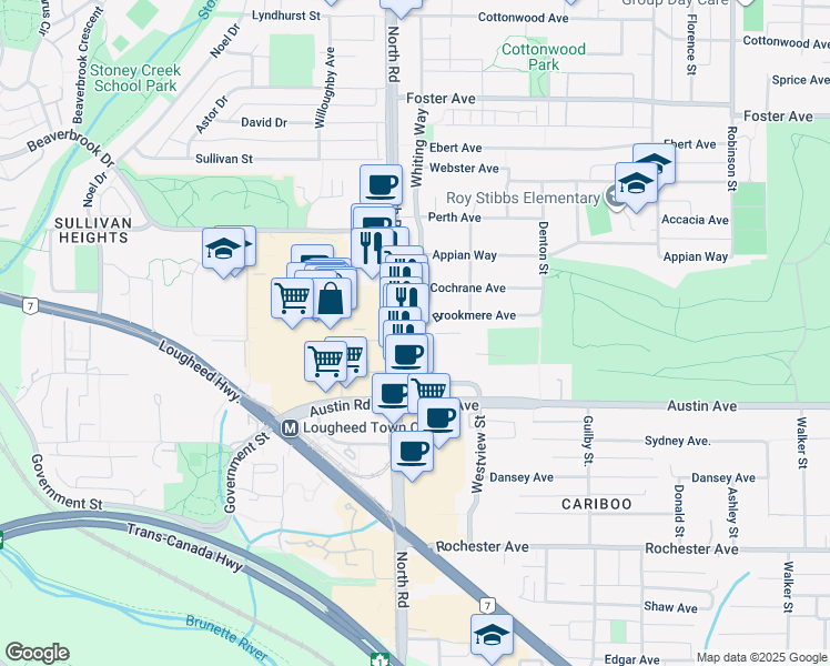 map of restaurants, bars, coffee shops, grocery stores, and more near 530 Whiting Way in Vancouver