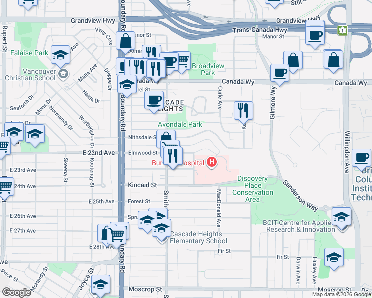 map of restaurants, bars, coffee shops, grocery stores, and more near Elmwood Street in Burnaby