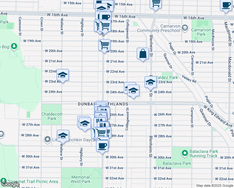 map of restaurants, bars, coffee shops, grocery stores, and more near 3544 West 24th Avenue in Vancouver