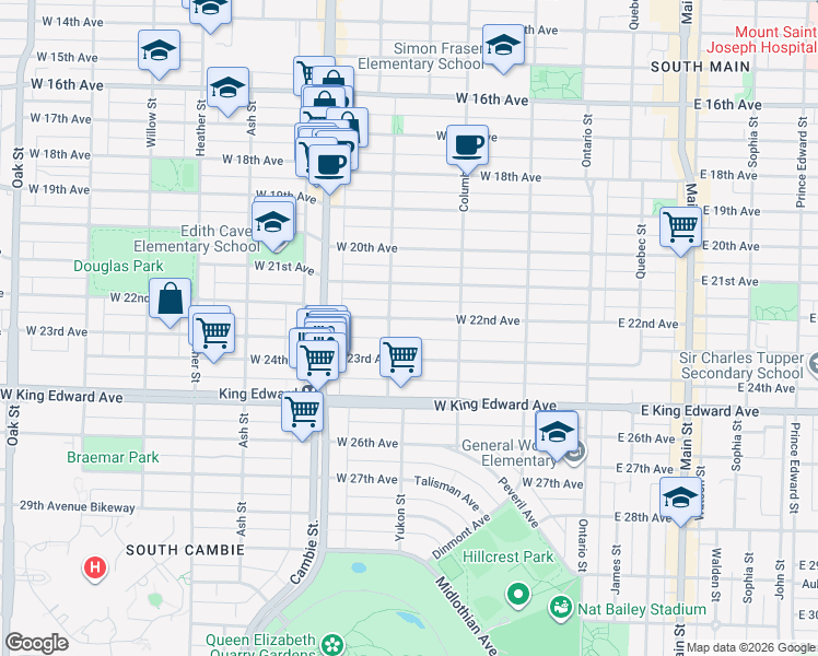 map of restaurants, bars, coffee shops, grocery stores, and more near 350 West 22nd Avenue in Vancouver