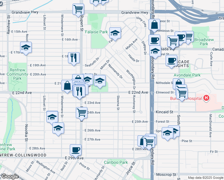 map of restaurants, bars, coffee shops, grocery stores, and more near 3469 East 22nd Avenue in Vancouver