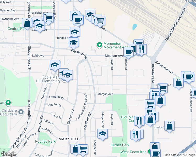 map of restaurants, bars, coffee shops, grocery stores, and more near 1976 Warwick Avenue in Port Coquitlam