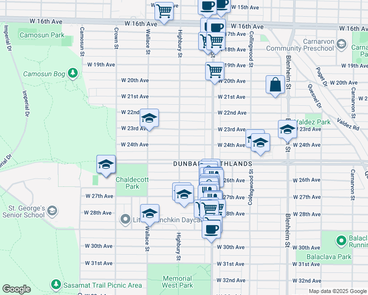 map of restaurants, bars, coffee shops, grocery stores, and more near 3782 West 24th Avenue in Vancouver