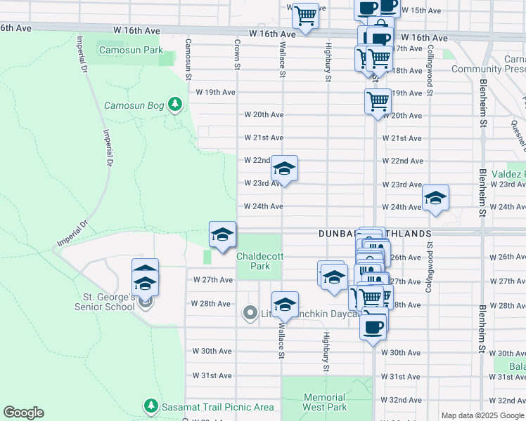 map of restaurants, bars, coffee shops, grocery stores, and more near 3940 West 24th Avenue in Vancouver