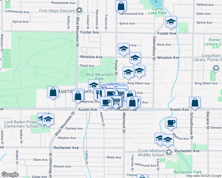 map of restaurants, bars, coffee shops, grocery stores, and more near in Coquitlam