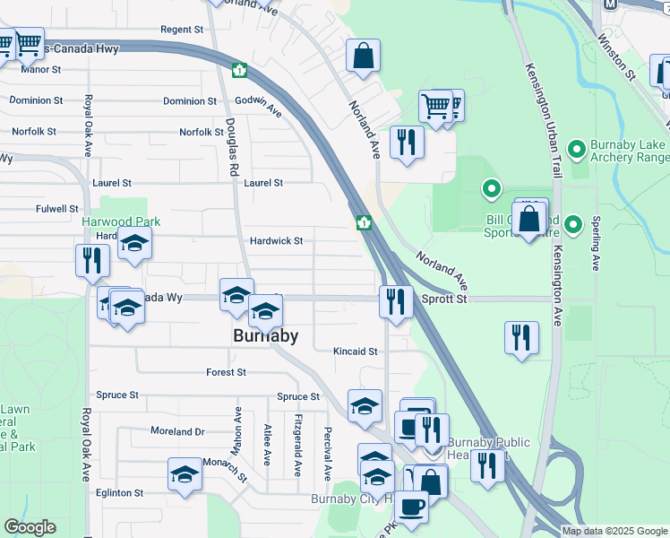 map of restaurants, bars, coffee shops, grocery stores, and more near 5955 Woodsworth Street in Burnaby