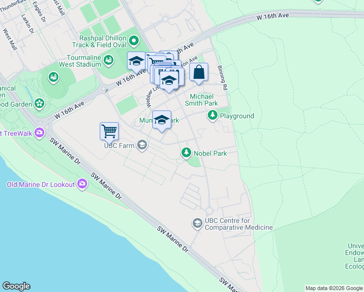 map of restaurants, bars, coffee shops, grocery stores, and more near 3581 Ross Drive in University Endowment Lands