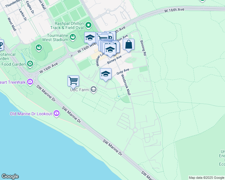 map of restaurants, bars, coffee shops, grocery stores, and more near in University Endowment Lands