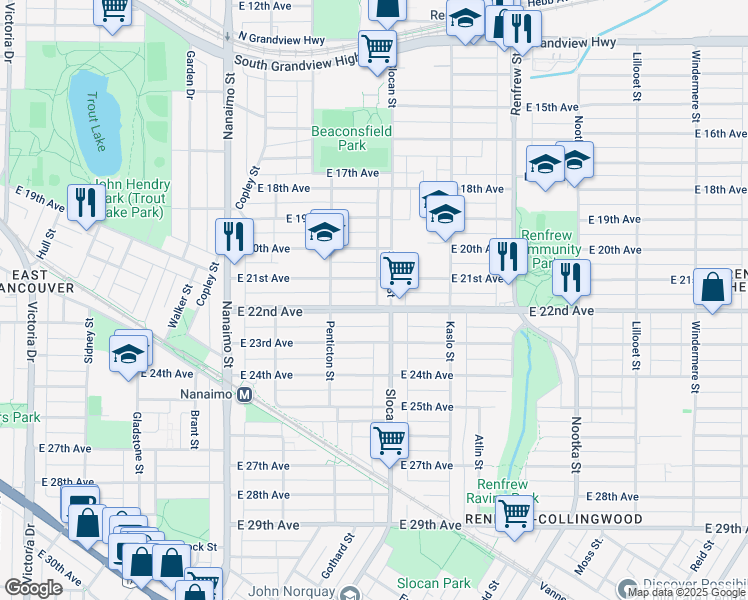 map of restaurants, bars, coffee shops, grocery stores, and more near 2679 East 22nd Avenue in Vancouver