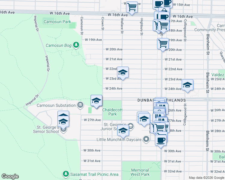 map of restaurants, bars, coffee shops, grocery stores, and more near 3948 West 24th Avenue in Vancouver