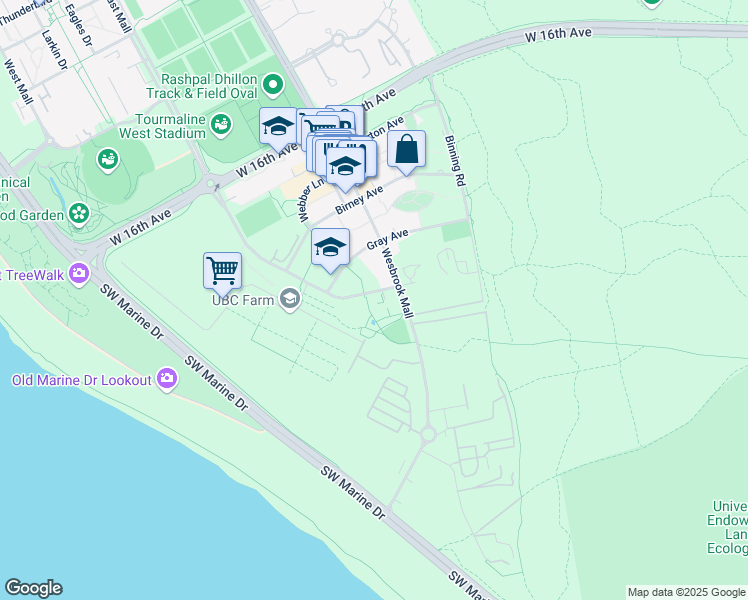 map of restaurants, bars, coffee shops, grocery stores, and more near 3581 Ross Drive in Vancouver