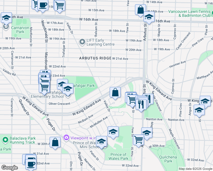 map of restaurants, bars, coffee shops, grocery stores, and more near 2348 Oliver Crescent in Vancouver