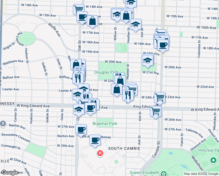 map of restaurants, bars, coffee shops, grocery stores, and more near 823 West 23rd Avenue in Vancouver