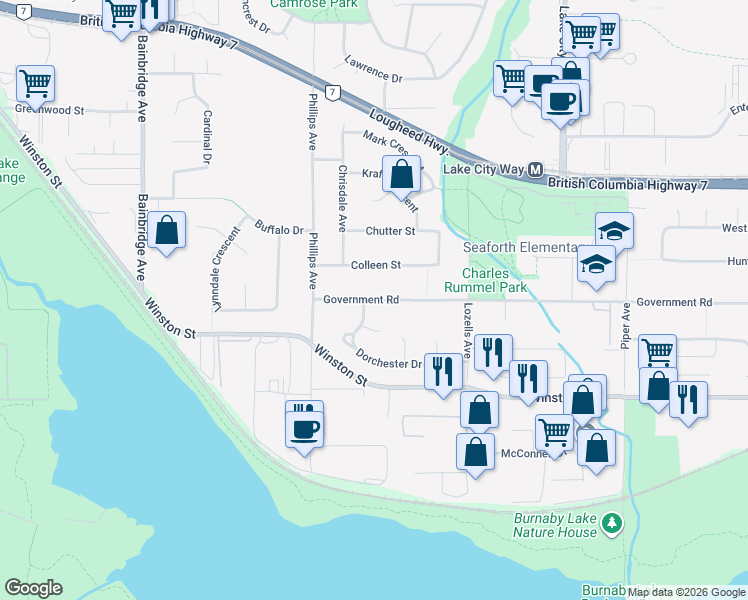 map of restaurants, bars, coffee shops, grocery stores, and more near 7487 Government Rd in Burnaby
