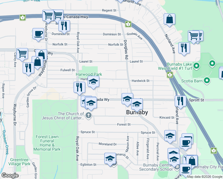 map of restaurants, bars, coffee shops, grocery stores, and more near 5468 Woodsworth Street in Burnaby