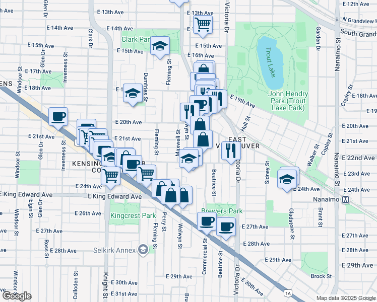 map of restaurants, bars, coffee shops, grocery stores, and more near 3880 Welwyn Street in Vancouver