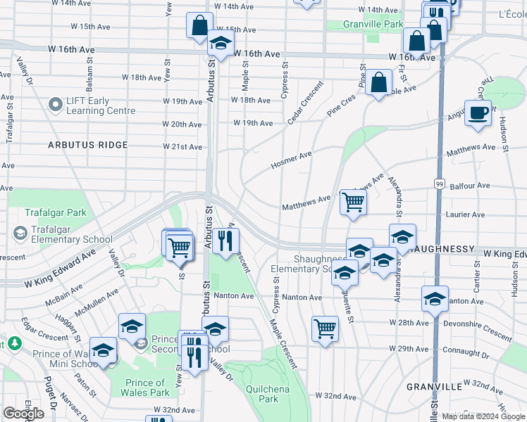 map of restaurants, bars, coffee shops, grocery stores, and more near 1926 Matthews Avenue in Vancouver