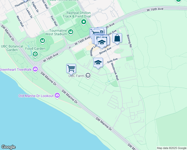 map of restaurants, bars, coffee shops, grocery stores, and more near South Campus Trail in University Endowment Lands
