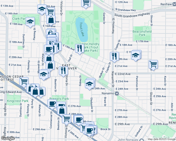 map of restaurants, bars, coffee shops, grocery stores, and more near 2173 Vanness Avenue in Vancouver