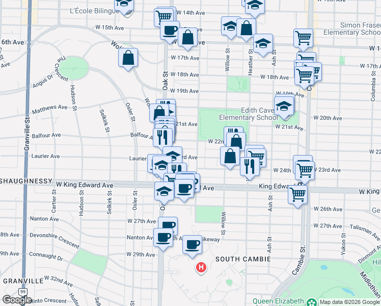 map of restaurants, bars, coffee shops, grocery stores, and more near 905 West 23rd Avenue in Vancouver