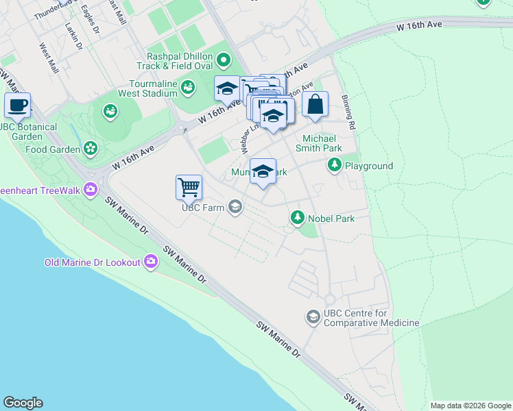 map of restaurants, bars, coffee shops, grocery stores, and more near 3483 Ross Drive in University Endowment Lands