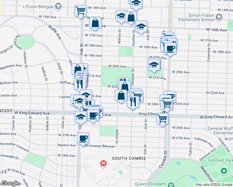 map of restaurants, bars, coffee shops, grocery stores, and more near 3861 Willow Street in Vancouver