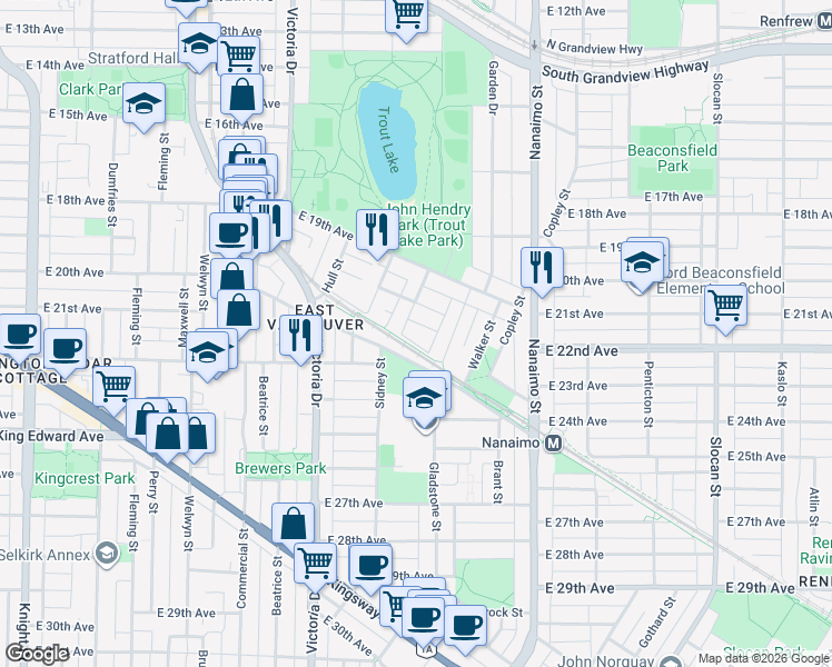 map of restaurants, bars, coffee shops, grocery stores, and more near 2171 Vanness Avenue in Vancouver