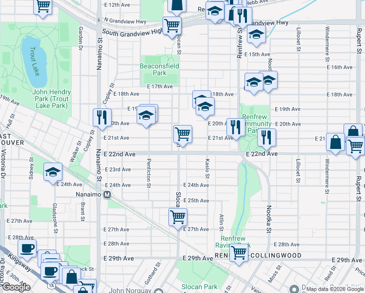map of restaurants, bars, coffee shops, grocery stores, and more near 3760 Slocan Street in Vancouver