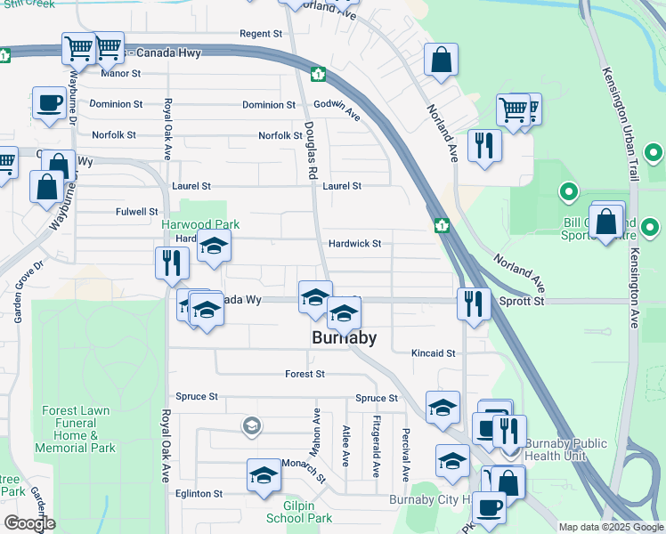 map of restaurants, bars, coffee shops, grocery stores, and more near 5623 Woodsworth Street in Burnaby