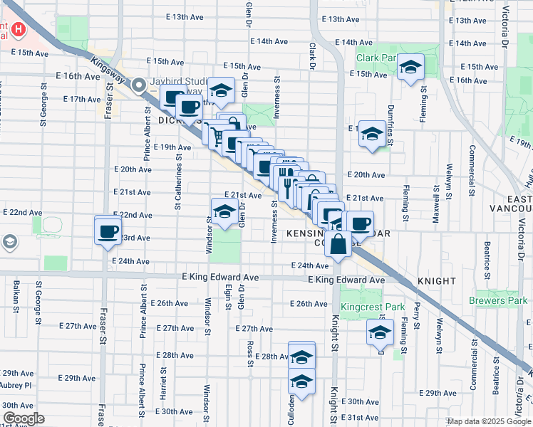 map of restaurants, bars, coffee shops, grocery stores, and more near 1181 East 22nd Avenue in Vancouver