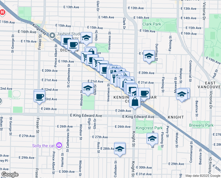 map of restaurants, bars, coffee shops, grocery stores, and more near 3754 Inverness Street in Vancouver