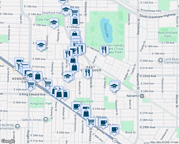 map of restaurants, bars, coffee shops, grocery stores, and more near in Vancouver