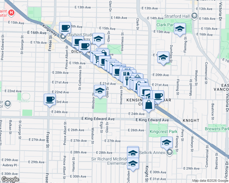 map of restaurants, bars, coffee shops, grocery stores, and more near 1143 East 22nd Avenue in Vancouver