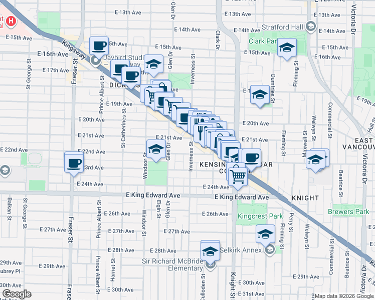 map of restaurants, bars, coffee shops, grocery stores, and more near 3791 Inverness Street in Vancouver