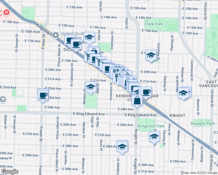 map of restaurants, bars, coffee shops, grocery stores, and more near 3791 Inverness Street in Vancouver