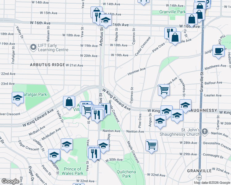 map of restaurants, bars, coffee shops, grocery stores, and more near 1989 West King Edward Avenue in Vancouver