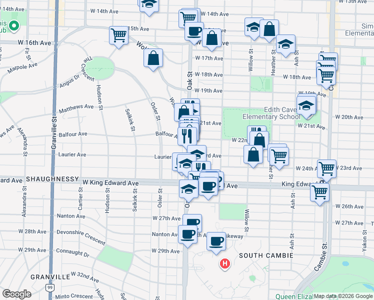 map of restaurants, bars, coffee shops, grocery stores, and more near 1009 Laurier Avenue in Vancouver