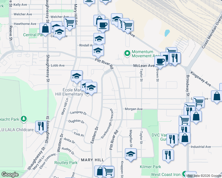 map of restaurants, bars, coffee shops, grocery stores, and more near 1922 Warwick Place in Port Coquitlam